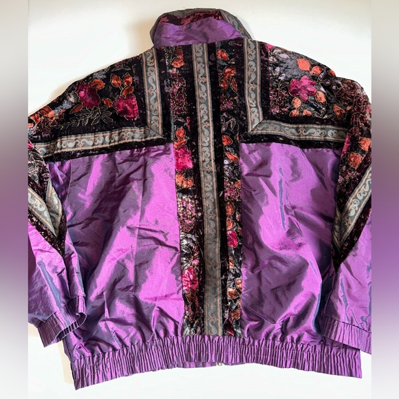 Vintage 80s On Your Mark Windbreaker Sz L Purple Floral Velvet Full Zip Retro - Picture 7 of 9